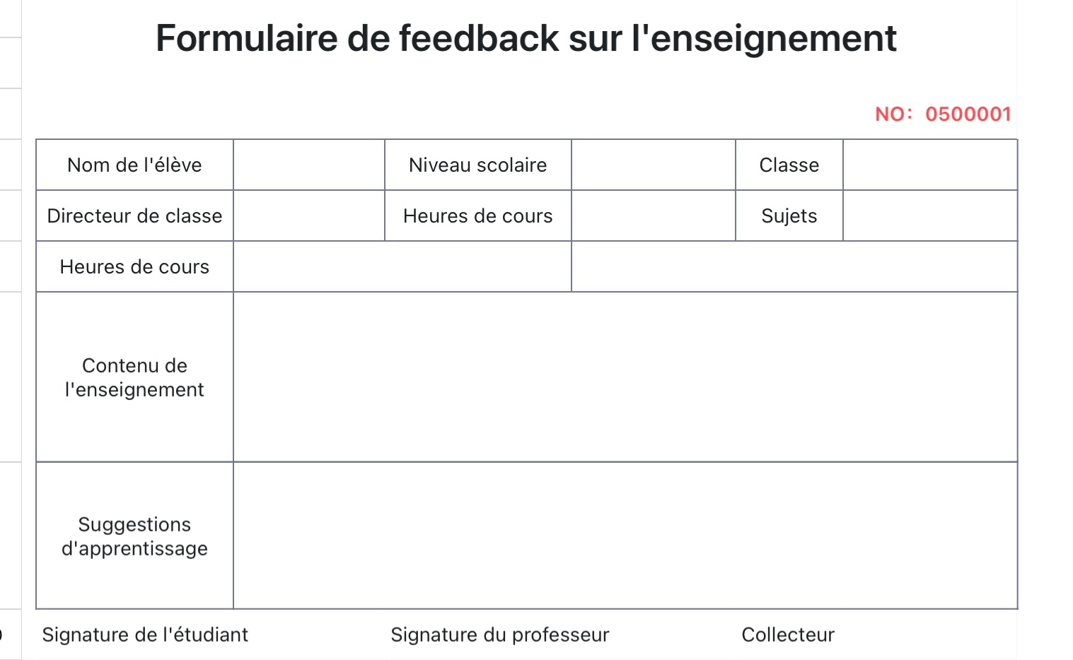 Formulaire de feedback sur l'enseignement